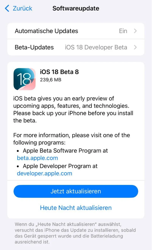 福绵苹果手机维修分享苹果 iOS / iPadOS 18 开发者预览版 Beta 8 发布 